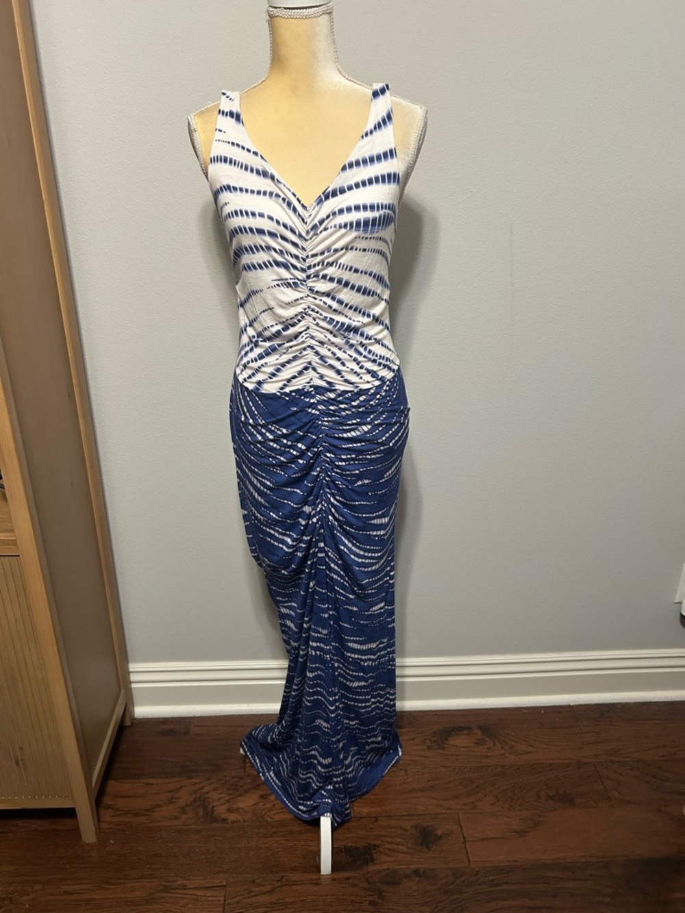 NEW Language Blue and White Ruched Maxi Dress Sz M